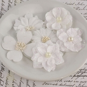 Snow Fabric Flowers With Glitter - Prima