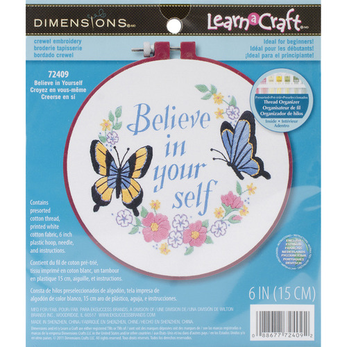 Learn - A - Craft Believe In Yourself Crewel Embroidery Kit-6 Round  Stitched In - Dimensions