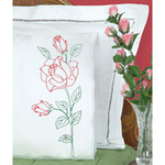 Long Stem Rose - Stamped Pillowcases With White Lace Edge 2/Pkg