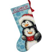 16" Long Stitched In Wool & Thread - Hugging Penguins Stocking Needlepoint Kit