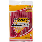 Red - Bic Round Stic Ball Pens Medium Point 10/Pkg