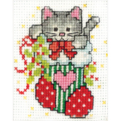 2"X3" 18 Count - Stocking Cat W/Frame Mini Counted Cross Stitch Kit