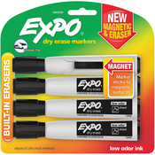 Black - Magnetic Dry Erase Chisel Marker With Eraser 4/Pkg