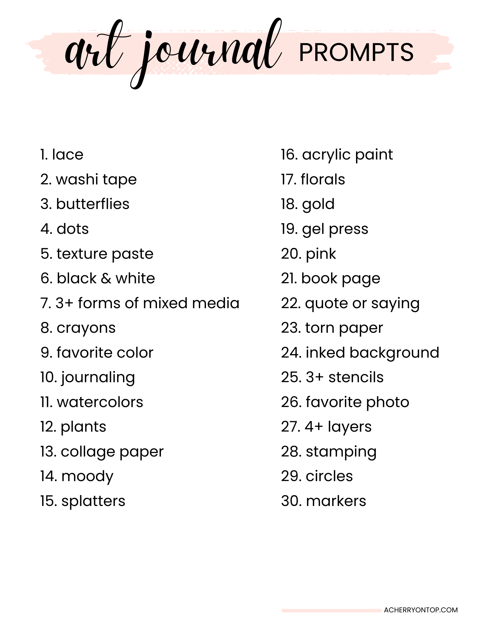 30 Art Journal Prompts - Free Printable: A Cherry On Top