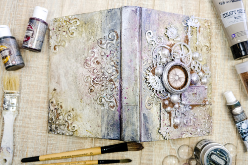 Art journal page in altered book. Gesso, texture paste, acrylic