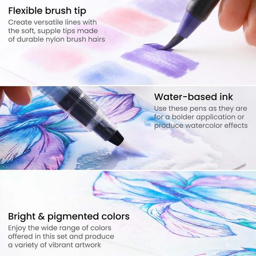 Arteza Real Brush Pens, 36 Dual-Tip Watercolor Markers with Flexible Nylon Brush Tips, Professional Watercolor Pens for Painting, Drawing, Coloring
